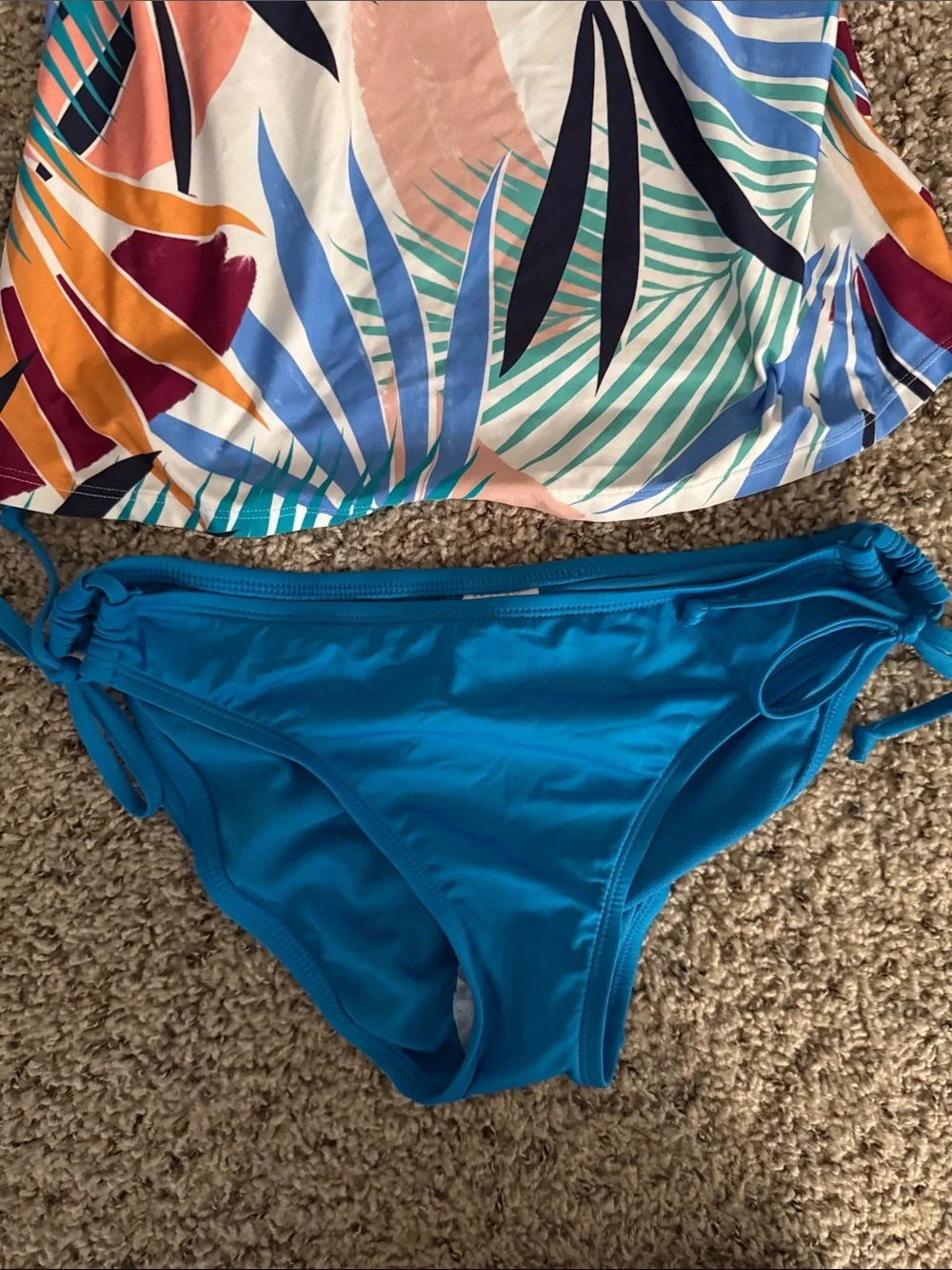 Girls Tropical Print Tankini Swim Set in Teal & Multicolor